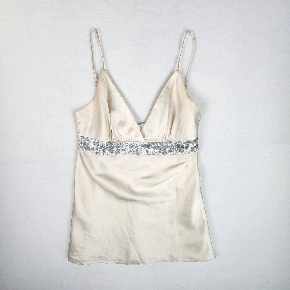 Express Silk Blend Spaghetti Strap Camisole Top Sequin Trim Size M Ivory Silver